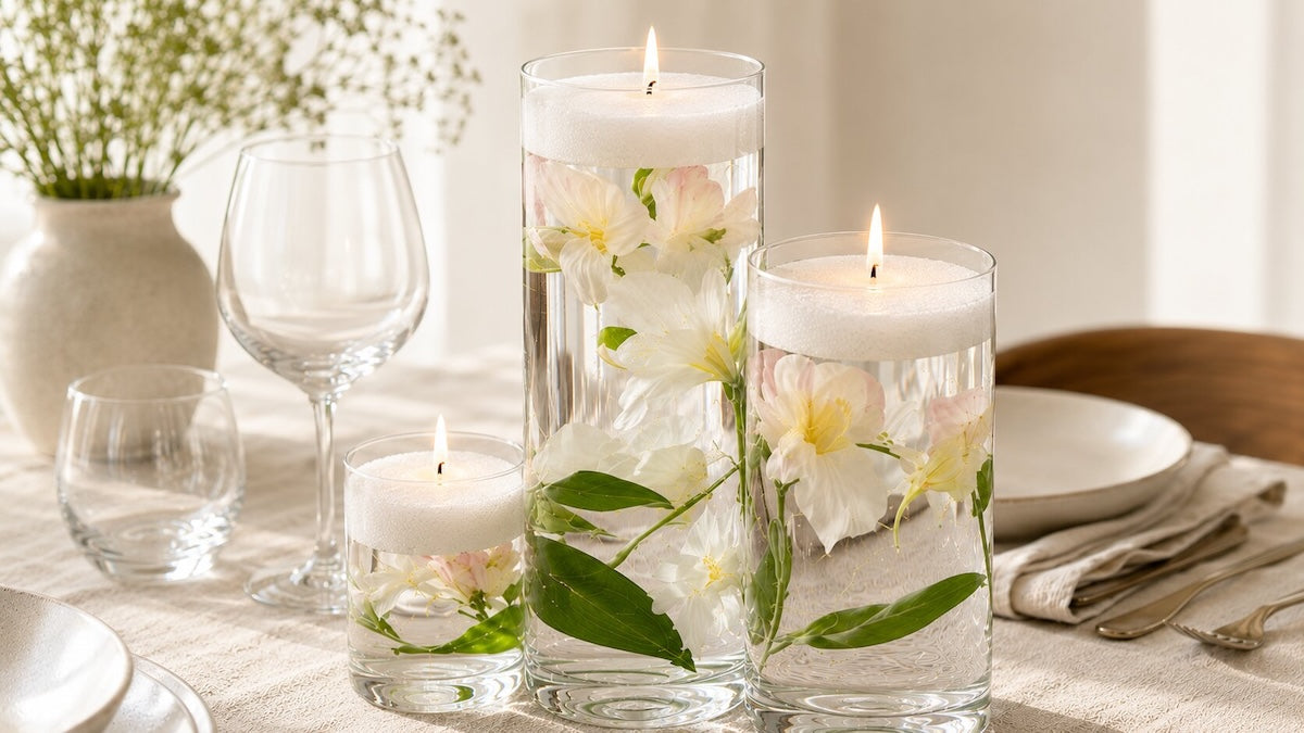 Three floating candle centerpieces with candle sand on water in a tall glass hurricane vases, submerged white flowers below