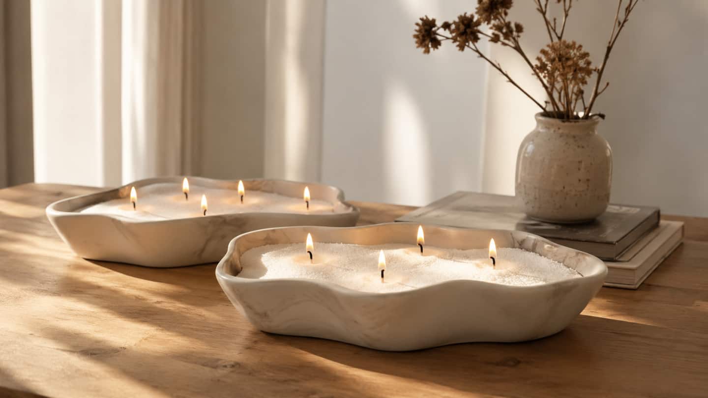 Two ceramic bowls filled with white candle sand and lit cotton wicks on a wooden table, beginner's guide to using candle sand