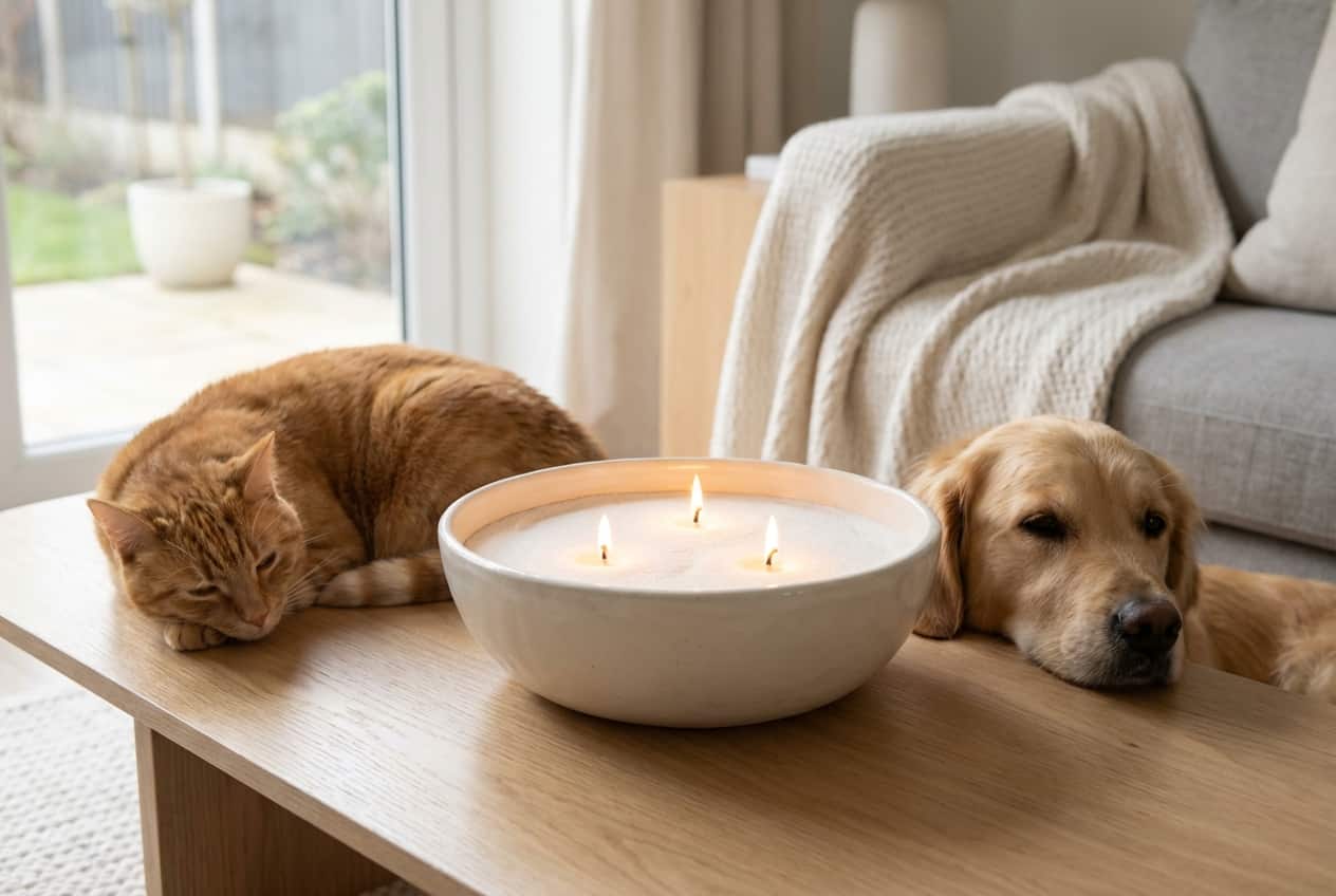 A white ceramic bowl filled with pet safe candle sand with three lit wicks on a coffee table, with a relaxed ginger cat on one side and a golden retriever on the other in a cozy living room
