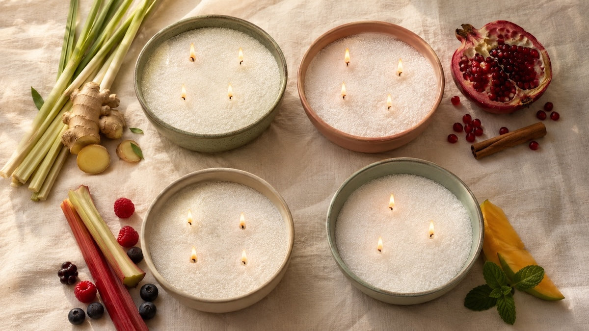 Four Saga scented candle sand scents arranged in ceramic bowls on a linen tablecloth