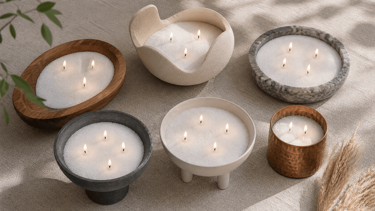 Selection of sand candle holders in glass, ceramic, and metal with lit wicks
