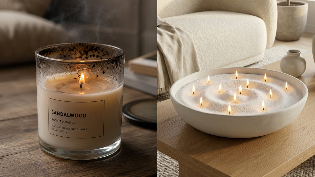 Side-by-side comparison of a paraffin scented candle and Saga plant-based candle sand burning