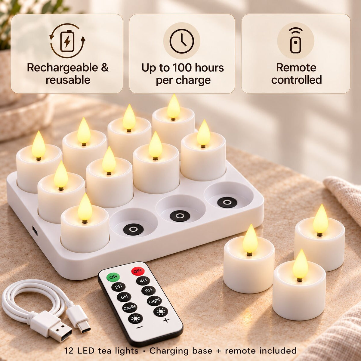 Saga 12pcs Rechargeable LED Tea Lights